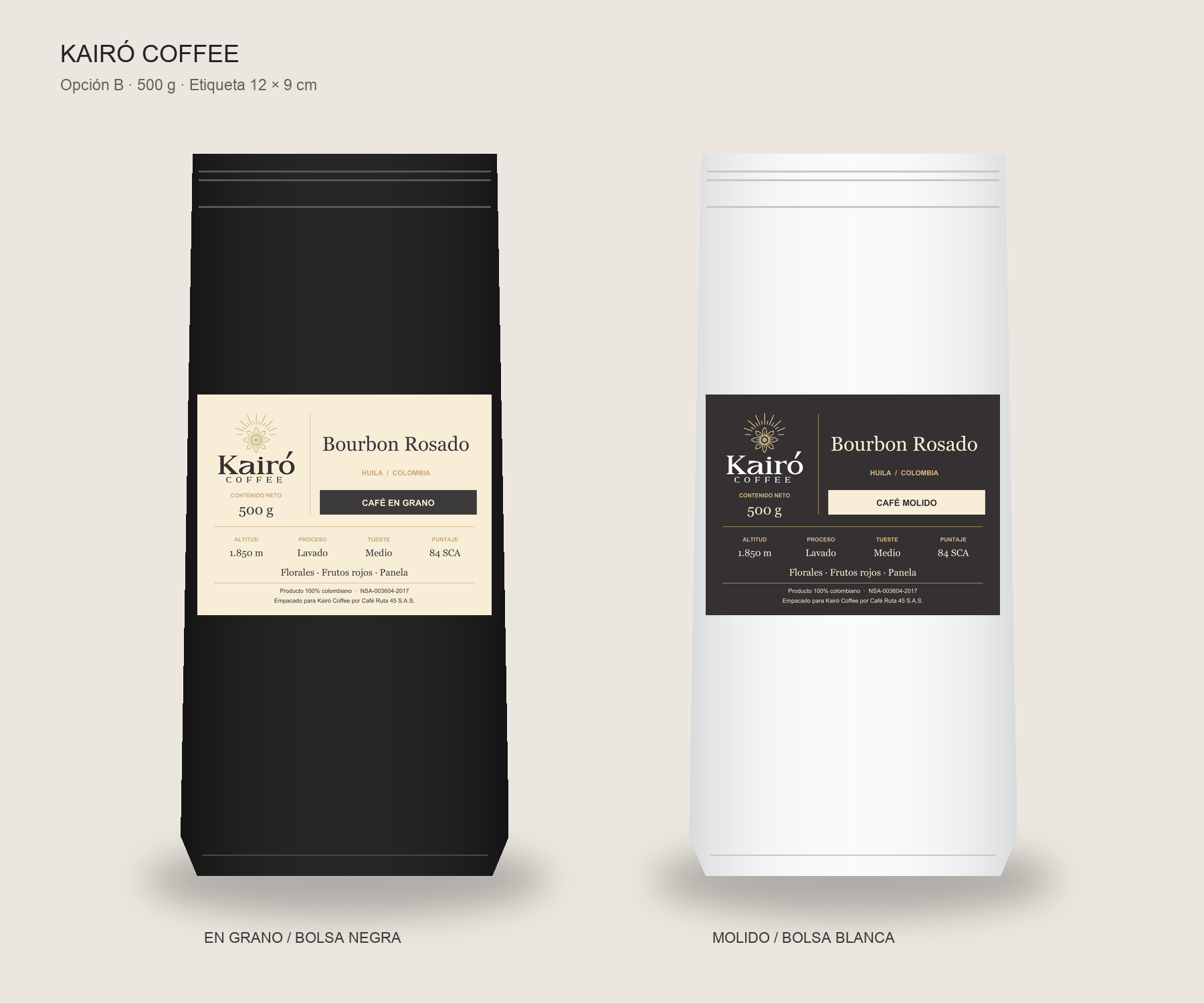 Bolsas Kairó Coffee de 500 g: negra para café en grano y blanca para café molido